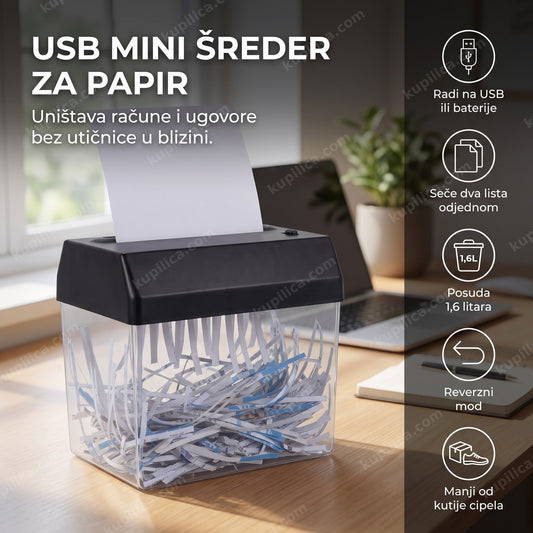 USB mini šreder za papir dok papir ulazi u uređaj