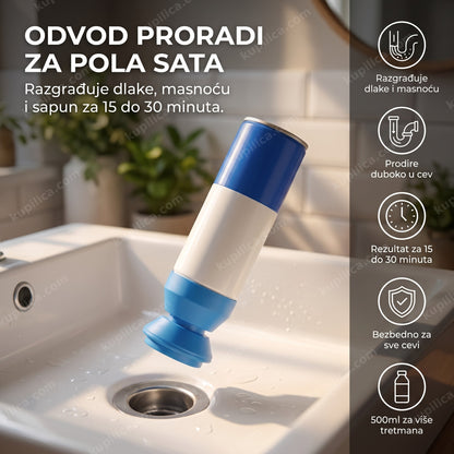 sredstvo za čišćenje odvoda i cevi iznad sudopere u kupatilu, prikaz benefita proizvoda