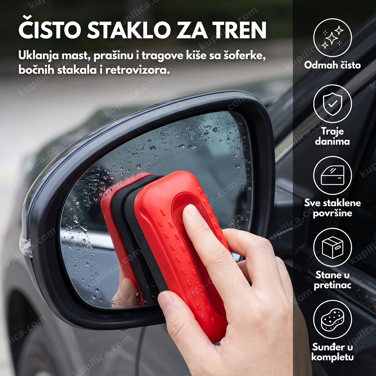 sredstvo za čišćenje stakla automobila sa sunđerom — nanošenje na bočno staklo automobila