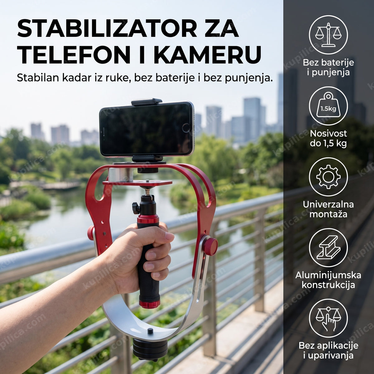Stabilizator za telefon i kameru u ruci sa ugašenim telefonom na mostu u parku, benefiti proizvoda
