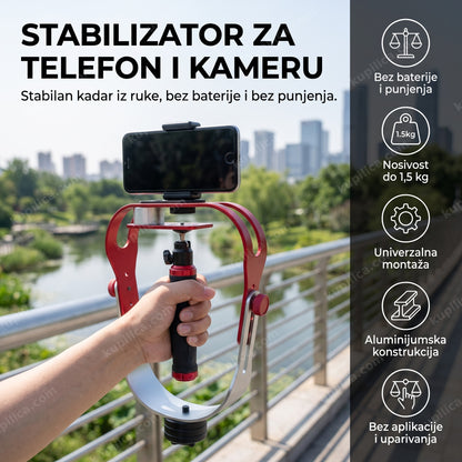 Stabilizator za telefon i kameru u ruci sa ugašenim telefonom na mostu u parku, benefiti proizvoda