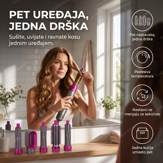 stajler za kosu 5u1 sa pet nastavaka, žena stilizuje kosu ujutru, benefiti proizvoda