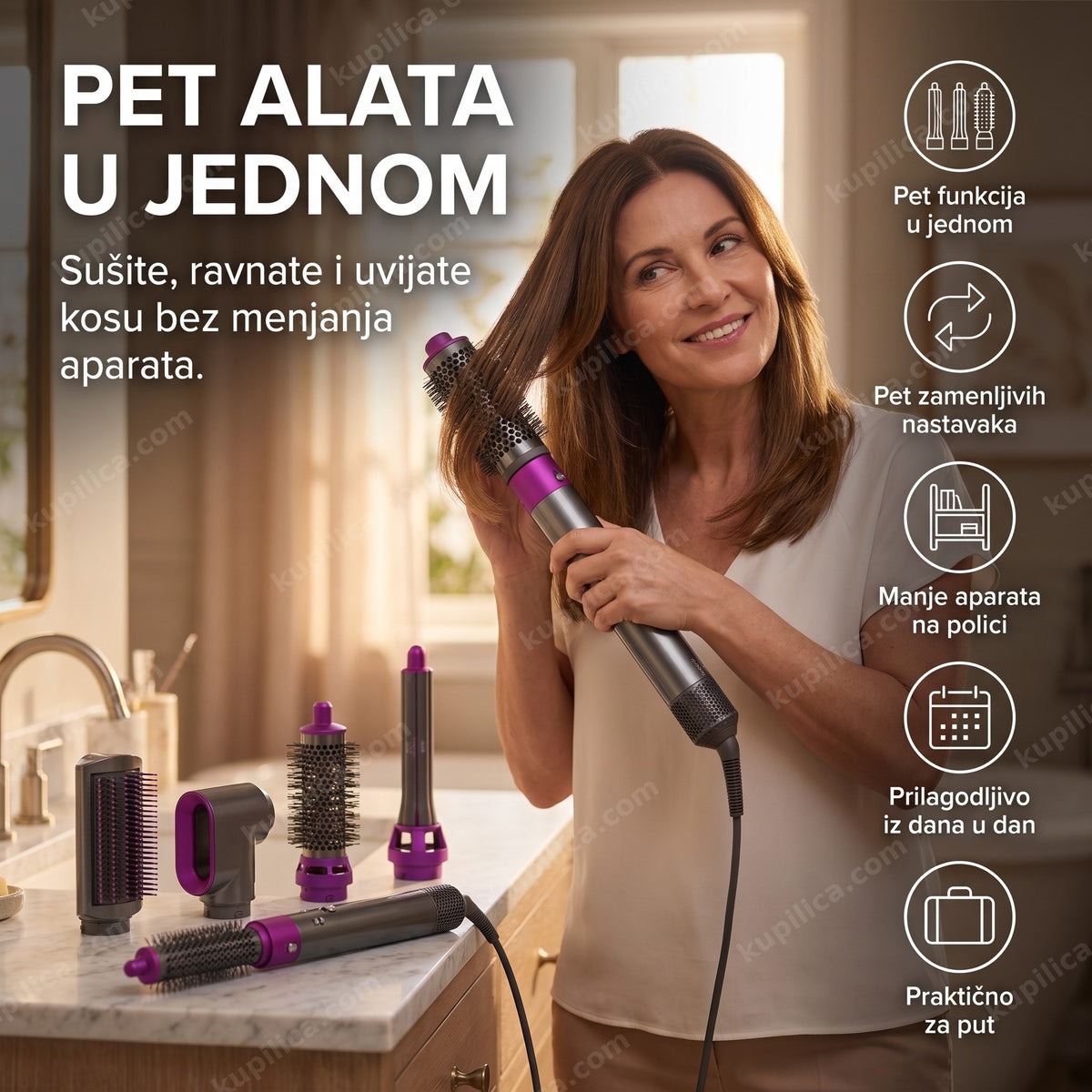 žena koristi stajler za kosu 5u1 ispred ogledala, benefiti proizvoda