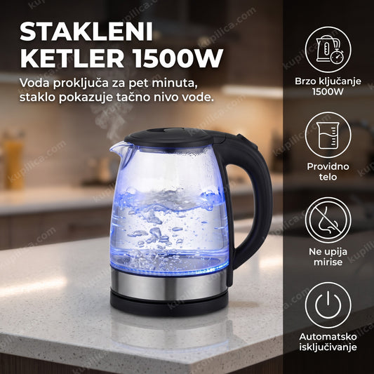 Stakleni ketler sa plavim LED svetlom i parom u kuhinji, benefiti proizvoda