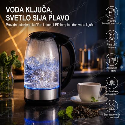 Stakleno kuvalo sa plavim LED svetlom i parom iznad šoljice čaja, benefiti proizvoda