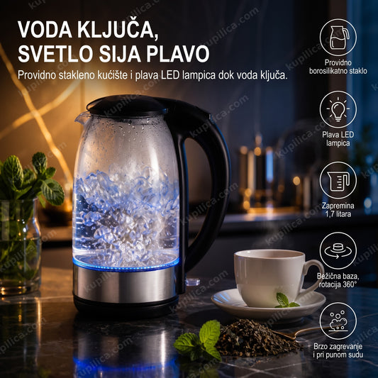 Stakleno kuvalo sa plavim LED svetlom i parom iznad šoljice čaja, benefiti proizvoda