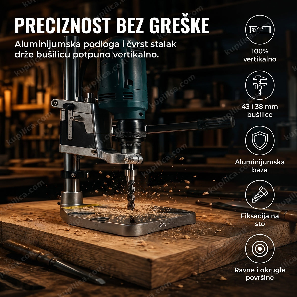 stalak za bušilicu 400mm — bušilica fiksirana u stalku iznad drvenog radnog komada