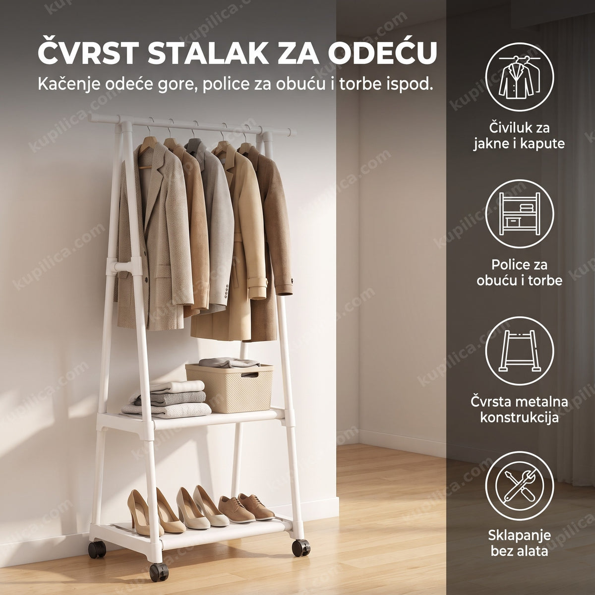 stalak za odeću sa policama u hodniku sa obešenom garderobom, prikaz benefiti proizvoda