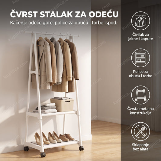 stalak za odeću sa policama u hodniku sa obešenom garderobom, prikaz benefiti proizvoda