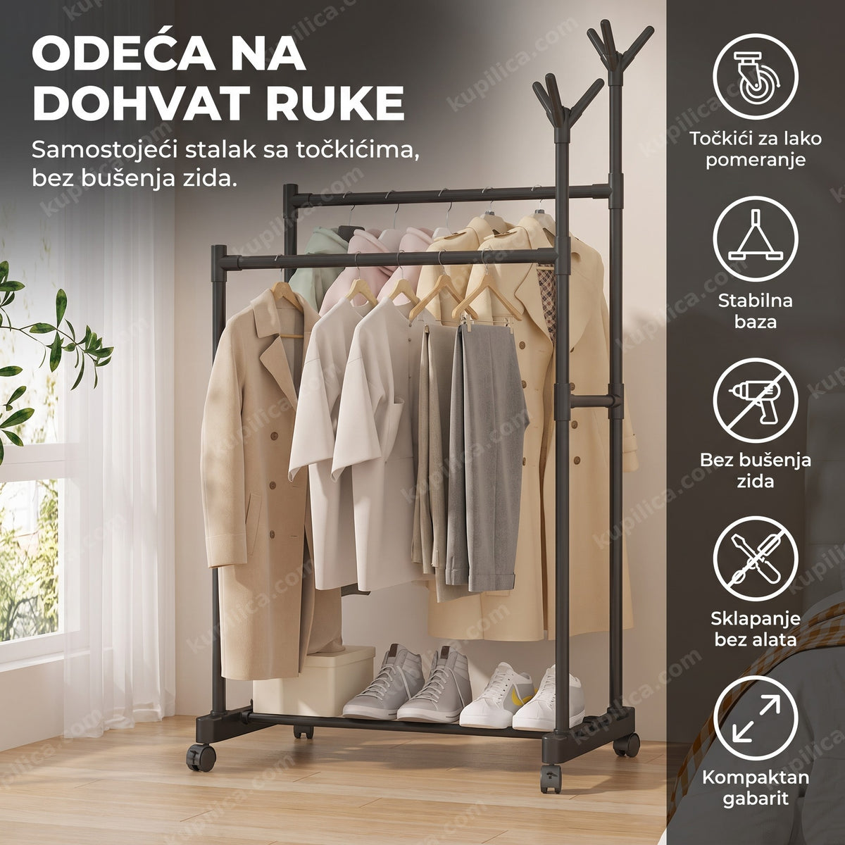 stalak za odeću sa točkićima pun okačene garderobe u svetloj spavaćoj sobi, benefiti proizvoda
