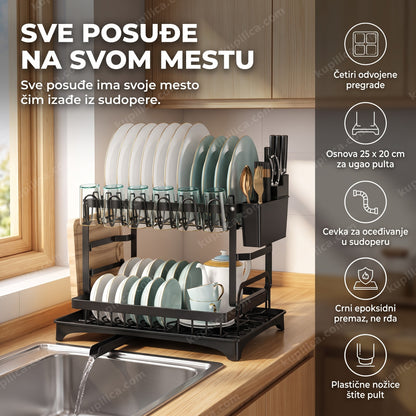 stalak za sudove crni dvonivoski - posuđe poređano pored sudopere u kuhinji - benefiti proizvoda