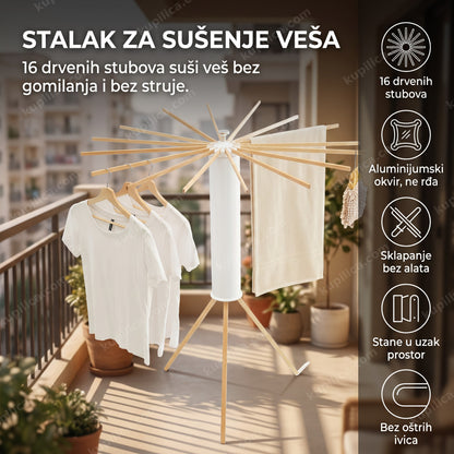 stalak za sušenje veša sa drvenim stubovima na terasi, benefiti proizvoda