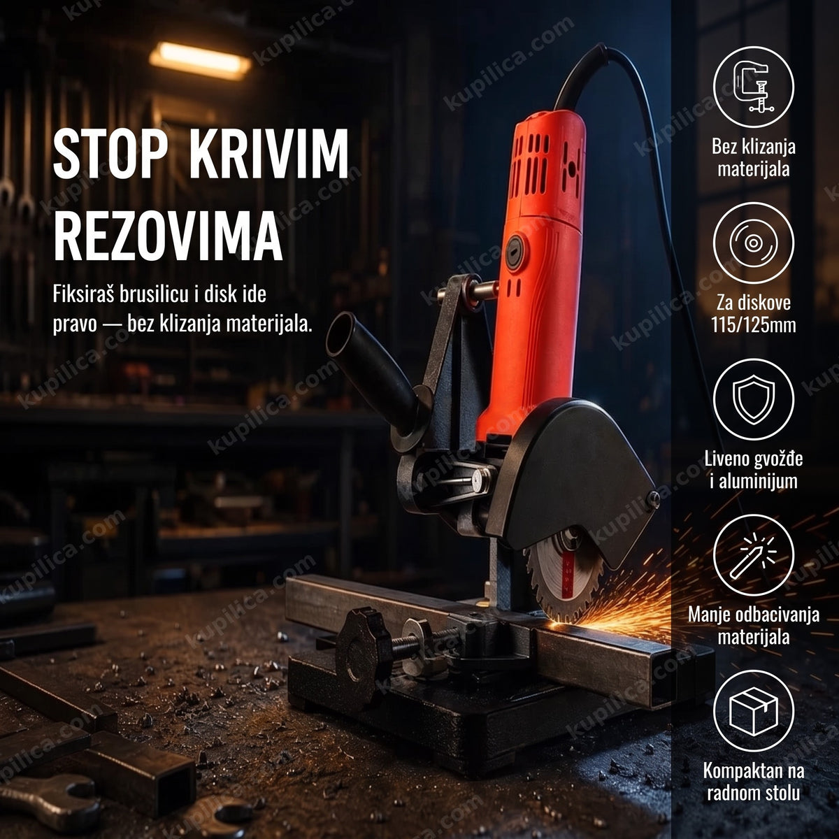 Stalak za ugaonu brusilicu 115/125mm postavljen na radnom stolu sa metalnom cevi