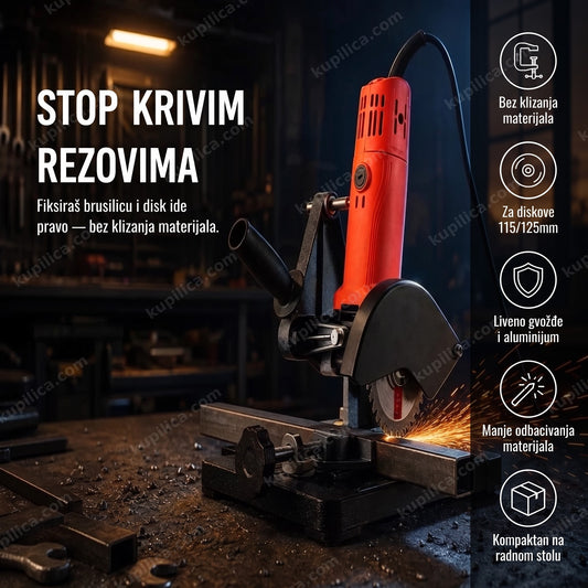 Stalak za ugaonu brusilicu 115/125mm postavljen na radnom stolu sa metalnom cevi