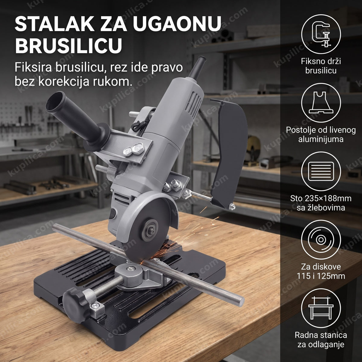stalak za ugaonu brusilicu sa montiranom brusilicom u radionici, benefiti proizvoda