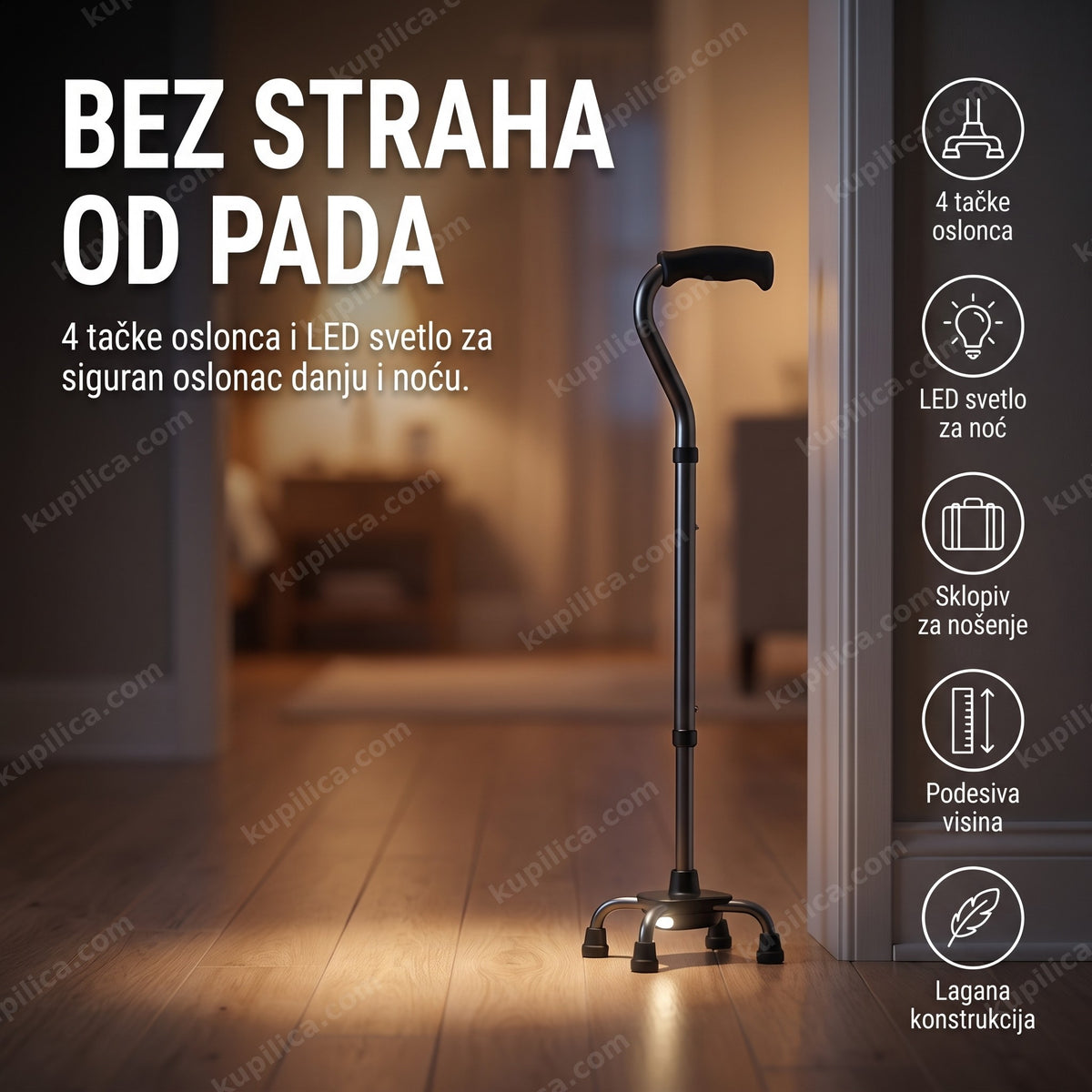 štap za hodanje sa 4 tačke oslonca i LED svetlom — sklopljen oslonac sa upaljenim LED svetlom u hodniku