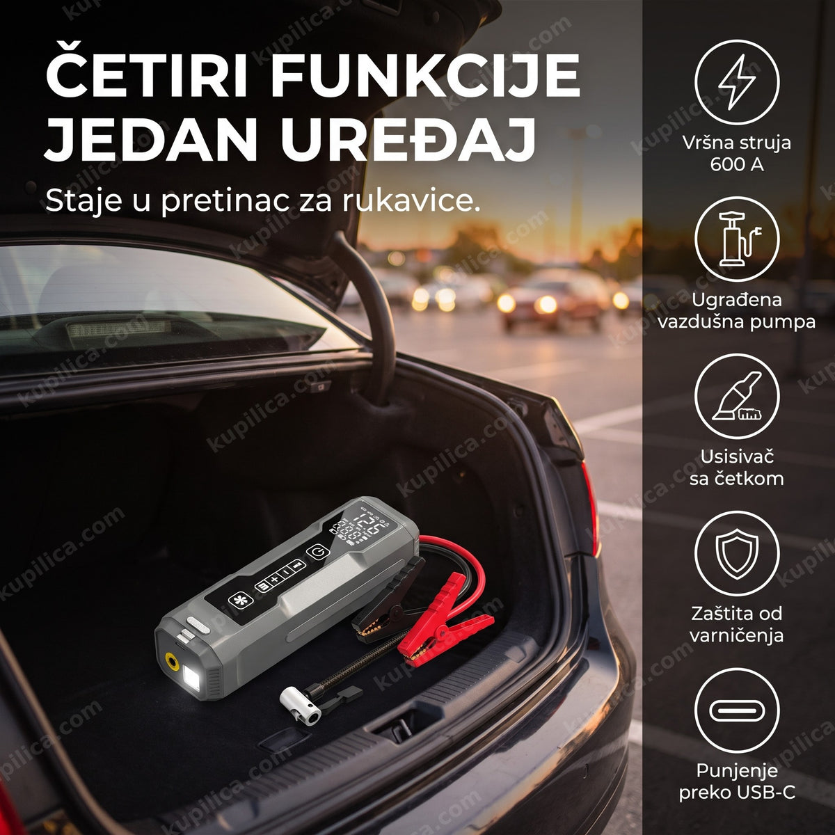 starter akumulatora sa pumpom i usisivačem u gepeku automobila