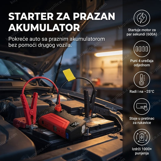 Starter za akumulator povezan kablovima na auto bateriju u garaži - benefiti proizvoda