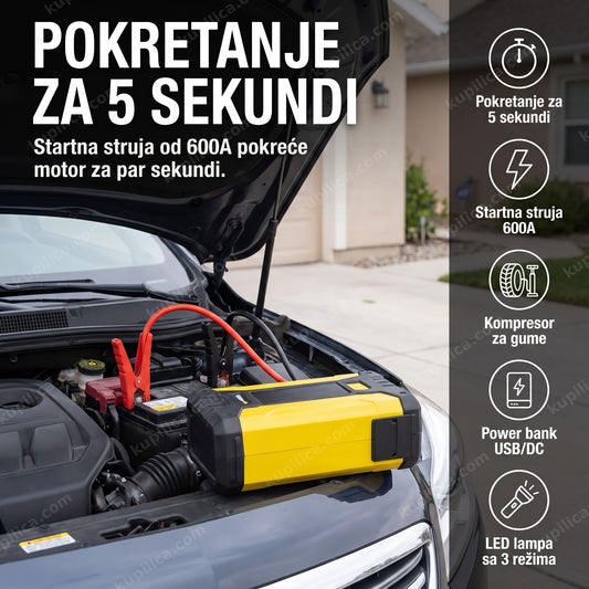 Starter za akumulator sa kompresorom priključen klemama na auto akumulator