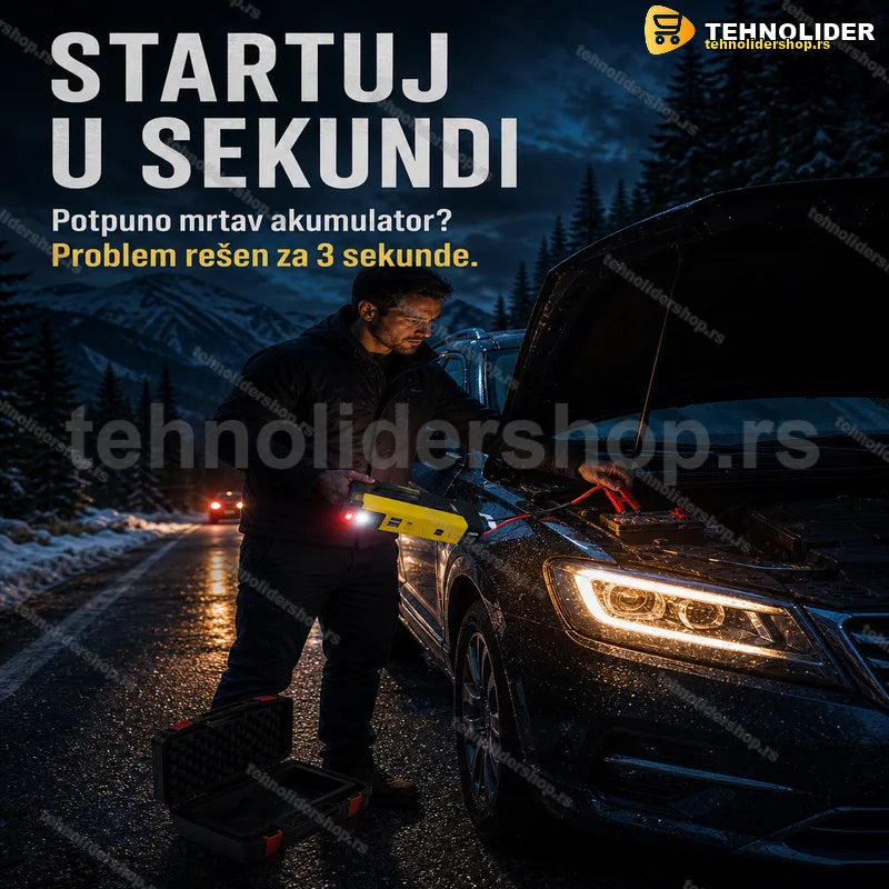starter za akumulator sa kompresorom za gume i štipaljkama za pokretanje