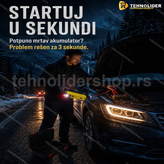 starter za akumulator sa kompresorom za gume i štipaljkama za pokretanje