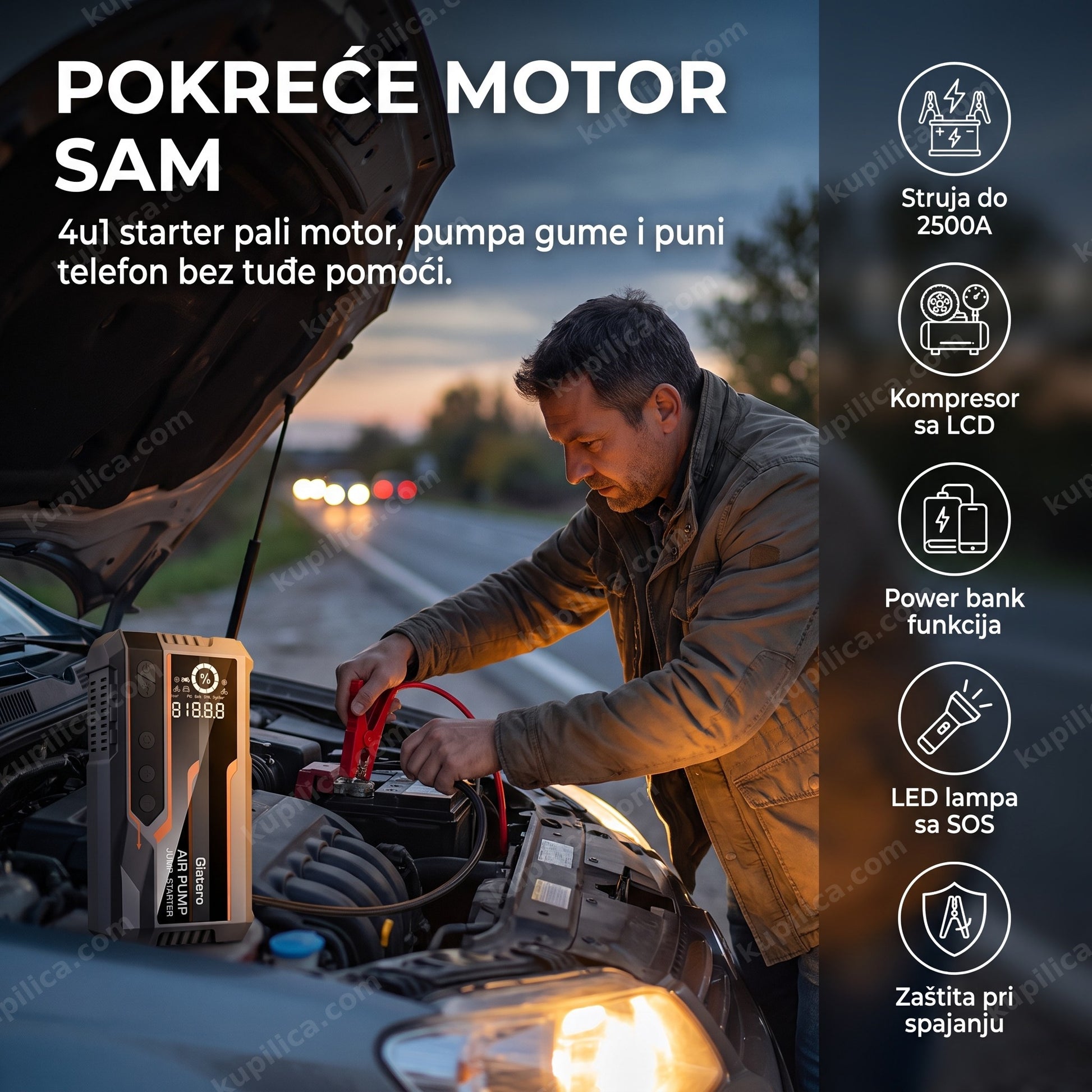 starter za auto sa kompresorom — muškarac pali motor pored puta, benefiti proizvoda