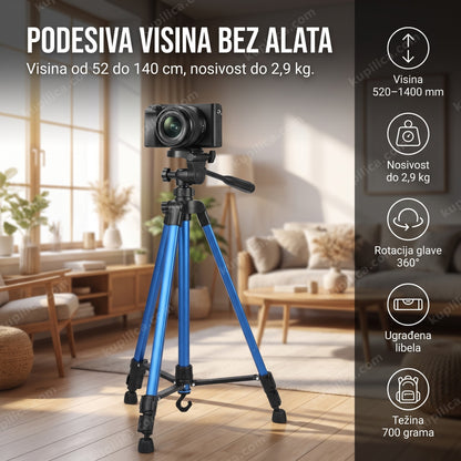 stativ tripod sa kamerom u modernoj sobi i prikazom benefita proizvoda