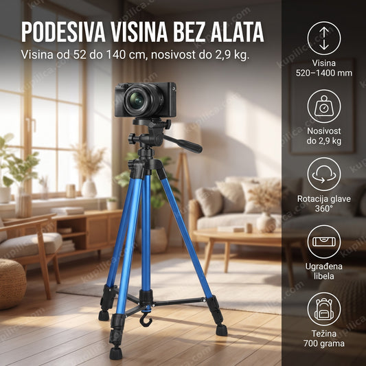 stativ tripod sa kamerom u modernoj sobi i prikazom benefita proizvoda