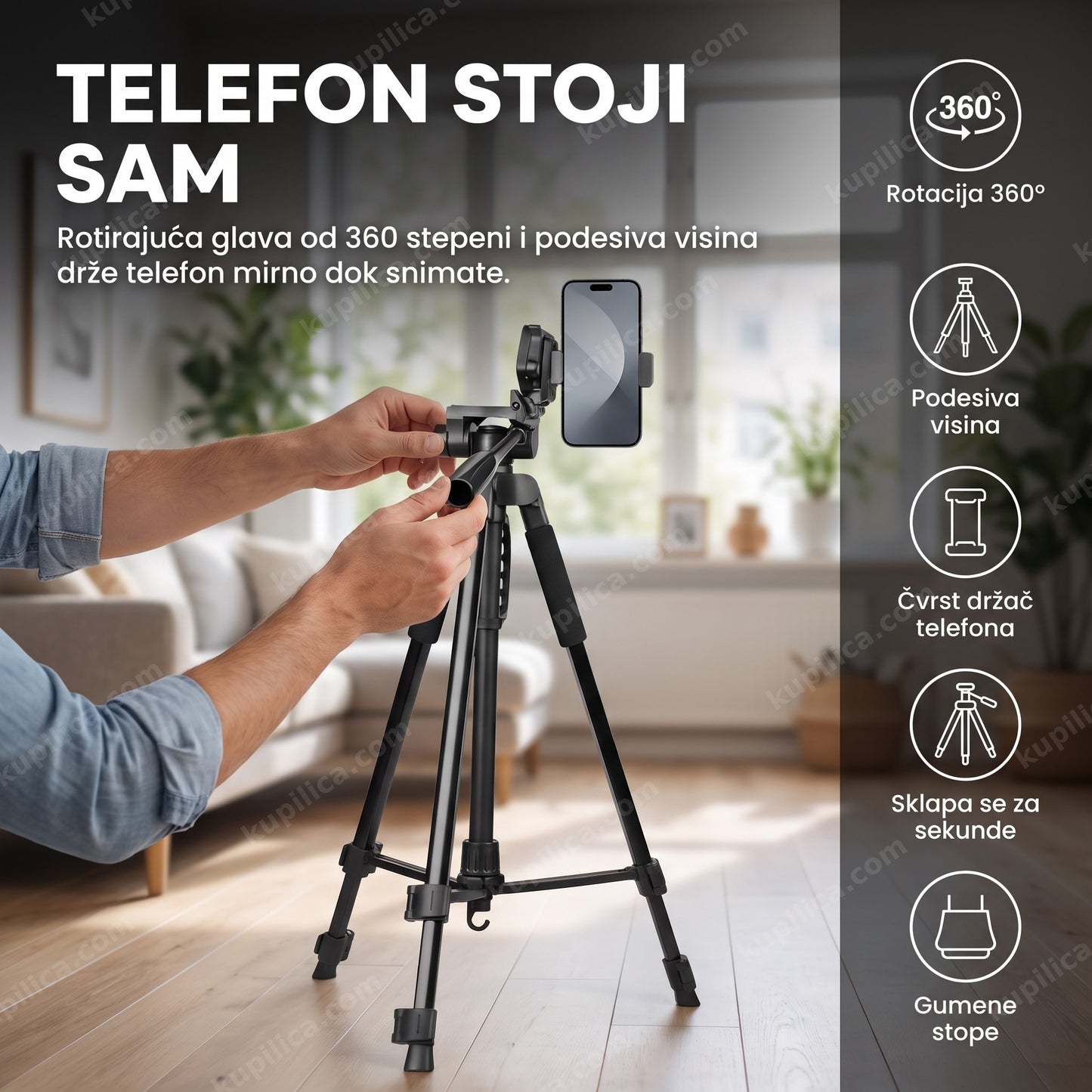 Stativ tripod 360 za telefon sa podesivom visinom i rotirajućom glavom