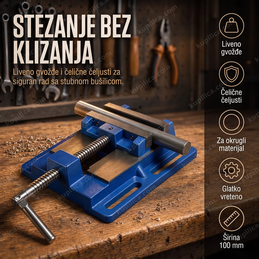 stega za stubnu bušilicu 100mm — liveno gvožđe stega sa čeličnim čeljustima na radnom stolu