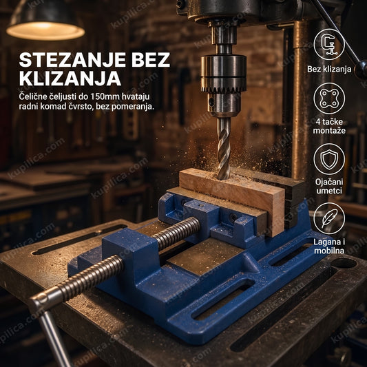 stega za stubnu bušilicu 150mm — čelična stega hvata drveni komad na stolu bušilice