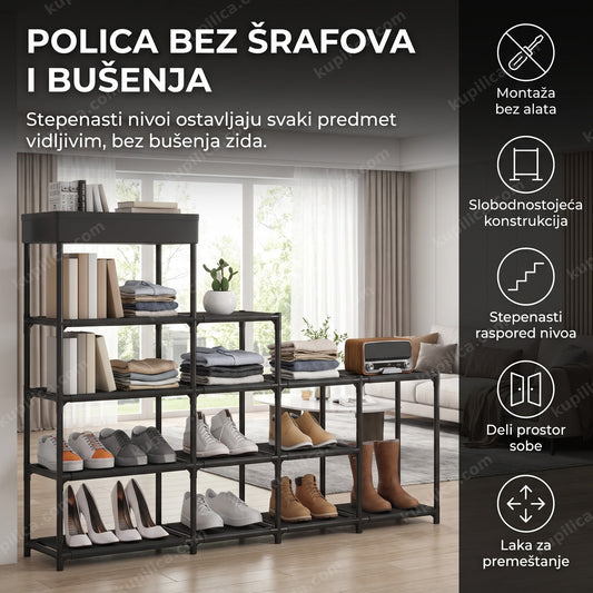 crna stepenasta polica bez šrafova sa knjigama, obućom i ukrasnim predmetima na otvorenim nivoima