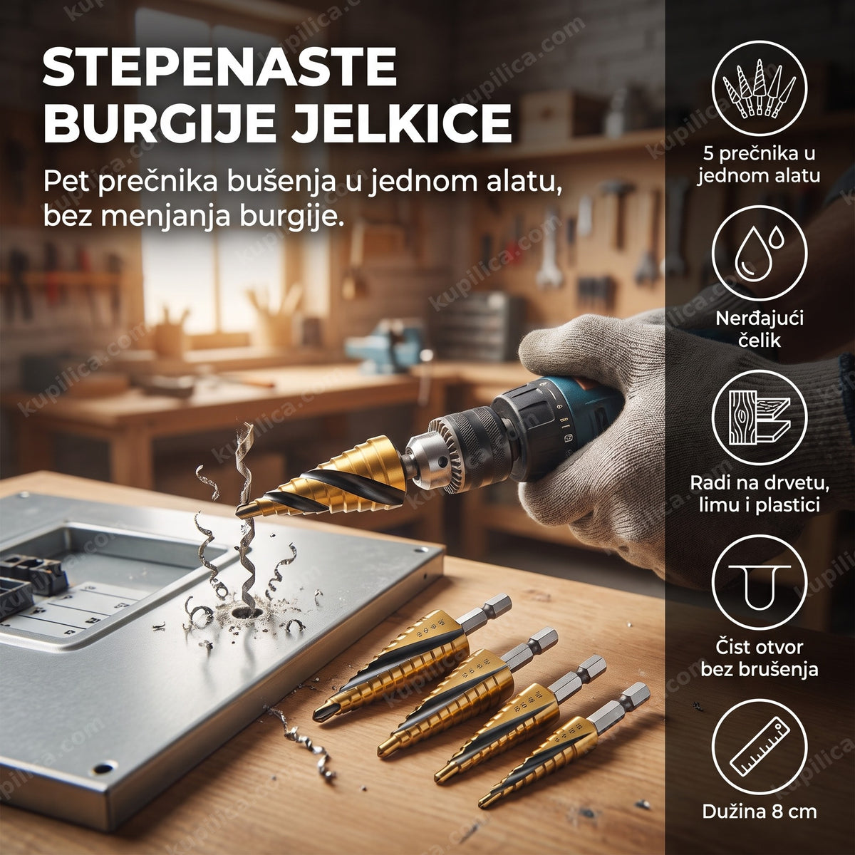 Stepenaste burgije jelkice u bušilici, bušenje lima u radionici pored kompletnog seta - benefiti proizvoda