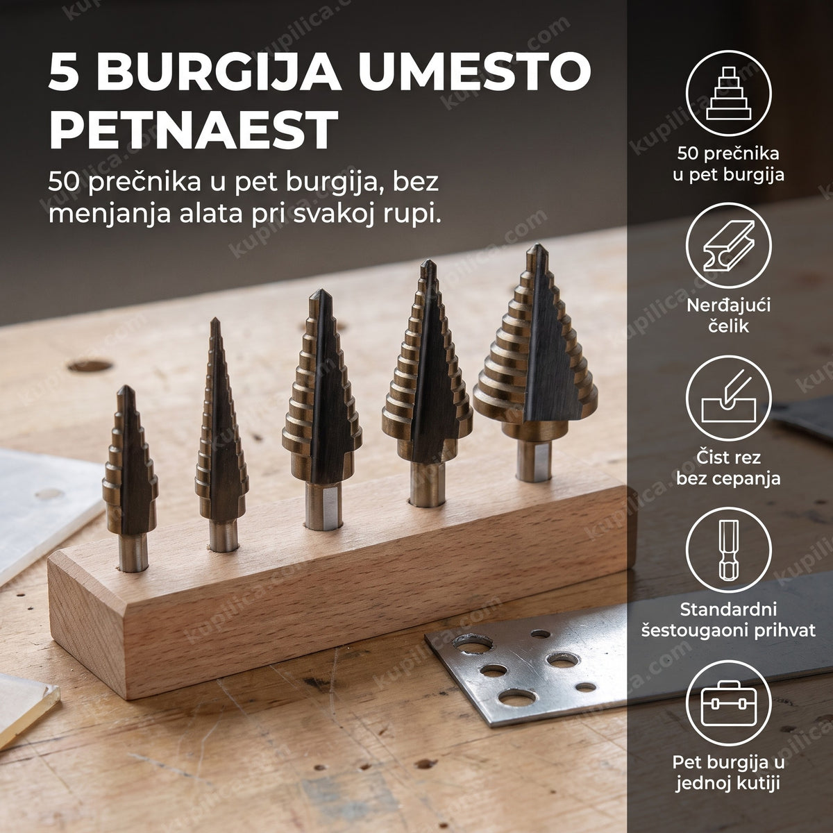 pet stepenastih burgija jelkica u drvenom stalku pored komada lima, benefiti proizvoda