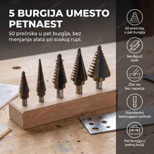 pet stepenastih burgija jelkica u drvenom stalku pored komada lima, benefiti proizvoda