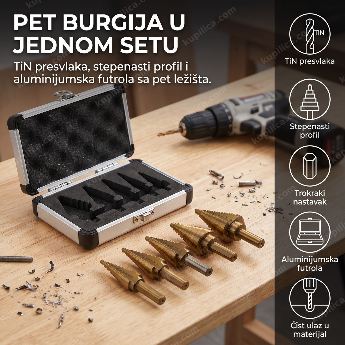 Set stepenastih burgija od titanijuma poređan pored aluminijumskog kofera, benefiti proizvoda