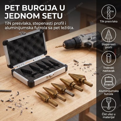 Set stepenastih burgija od titanijuma poređan pored aluminijumskog kofera, benefiti proizvoda