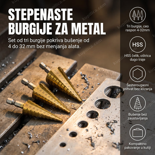 tri zlatne stepenaste burgije za metal na radnom stolu sa izbušenim limom, benefiti proizvoda
