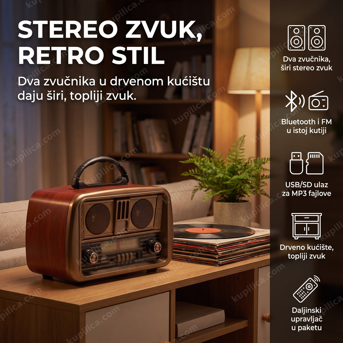 stereo retro radio bluetooth u dnevnoj sobi, benefiti proizvoda