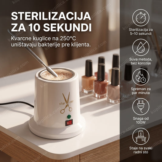 sterilizator sa kvarcnim kuglicama na manikir stolu sa prikazom benefita proizvoda