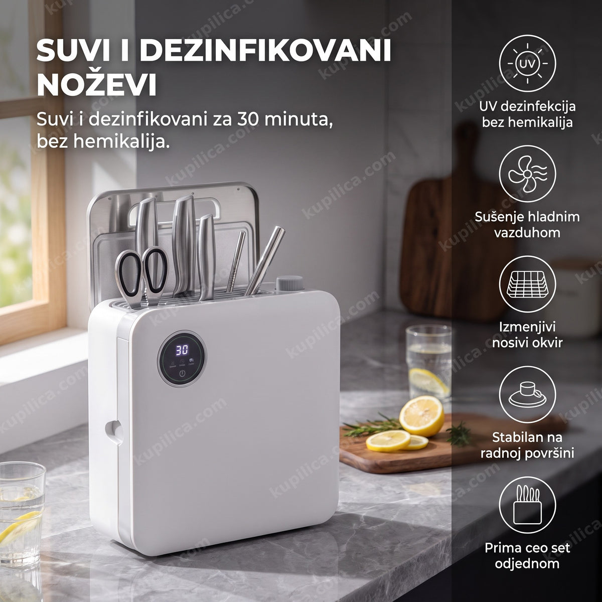 sterilizator kuhinjskih noževa na kuhinjskom pultu sa prikazom benefita proizvoda