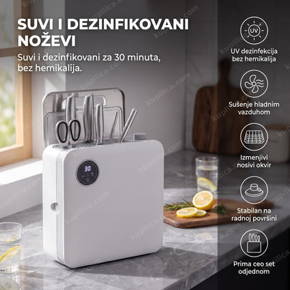 sterilizator kuhinjskih noževa na kuhinjskom pultu sa prikazom benefita proizvoda