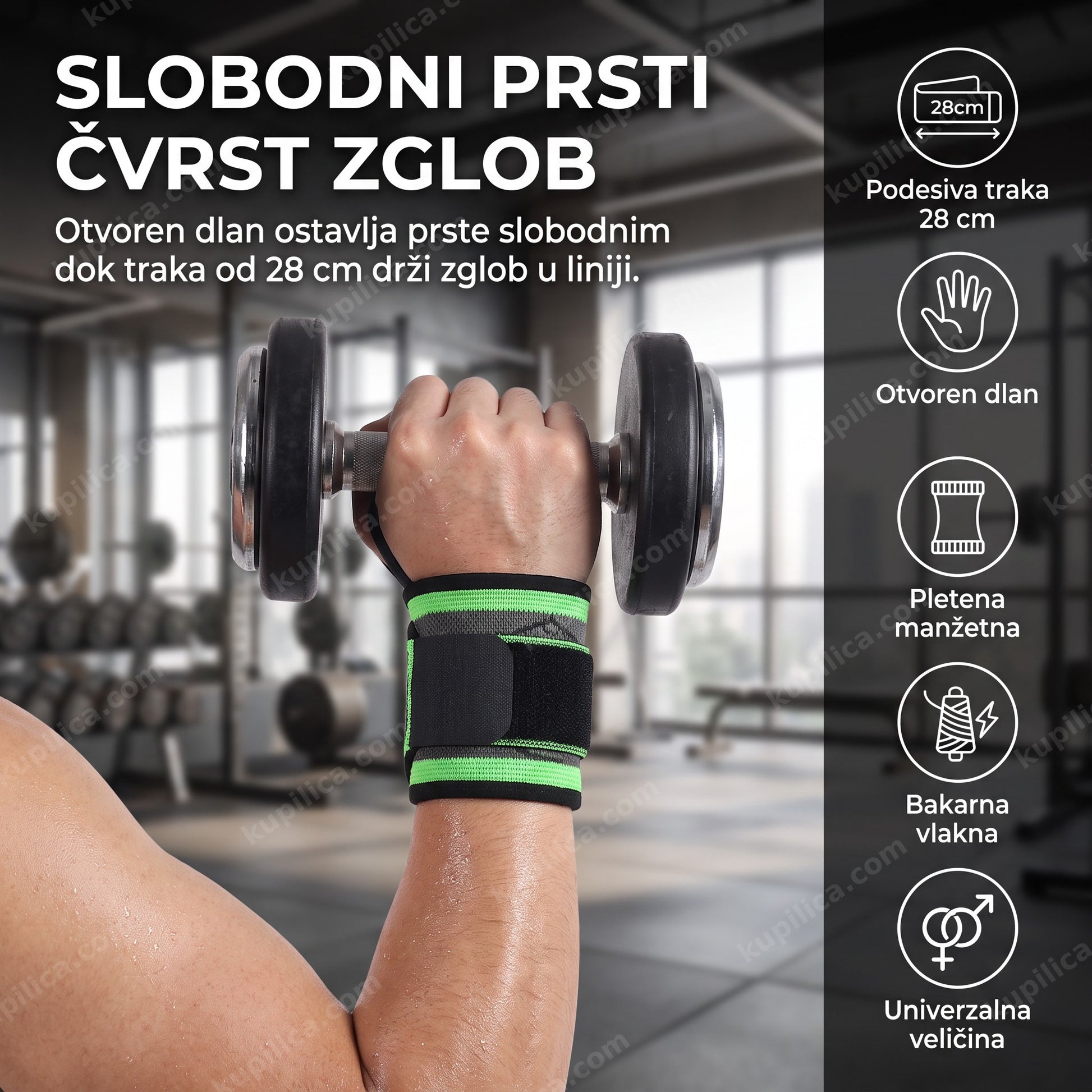 Steznik za zglob ruke sa trakom — podesiva kompresija za teretanu i rad