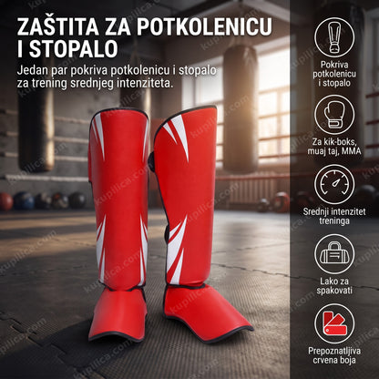 crveni štitnici za potkolenice i stopala postavljeni na podlogu bez natpisa