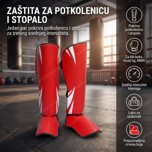 crveni štitnici za potkolenice i stopala postavljeni na podlogu bez natpisa
