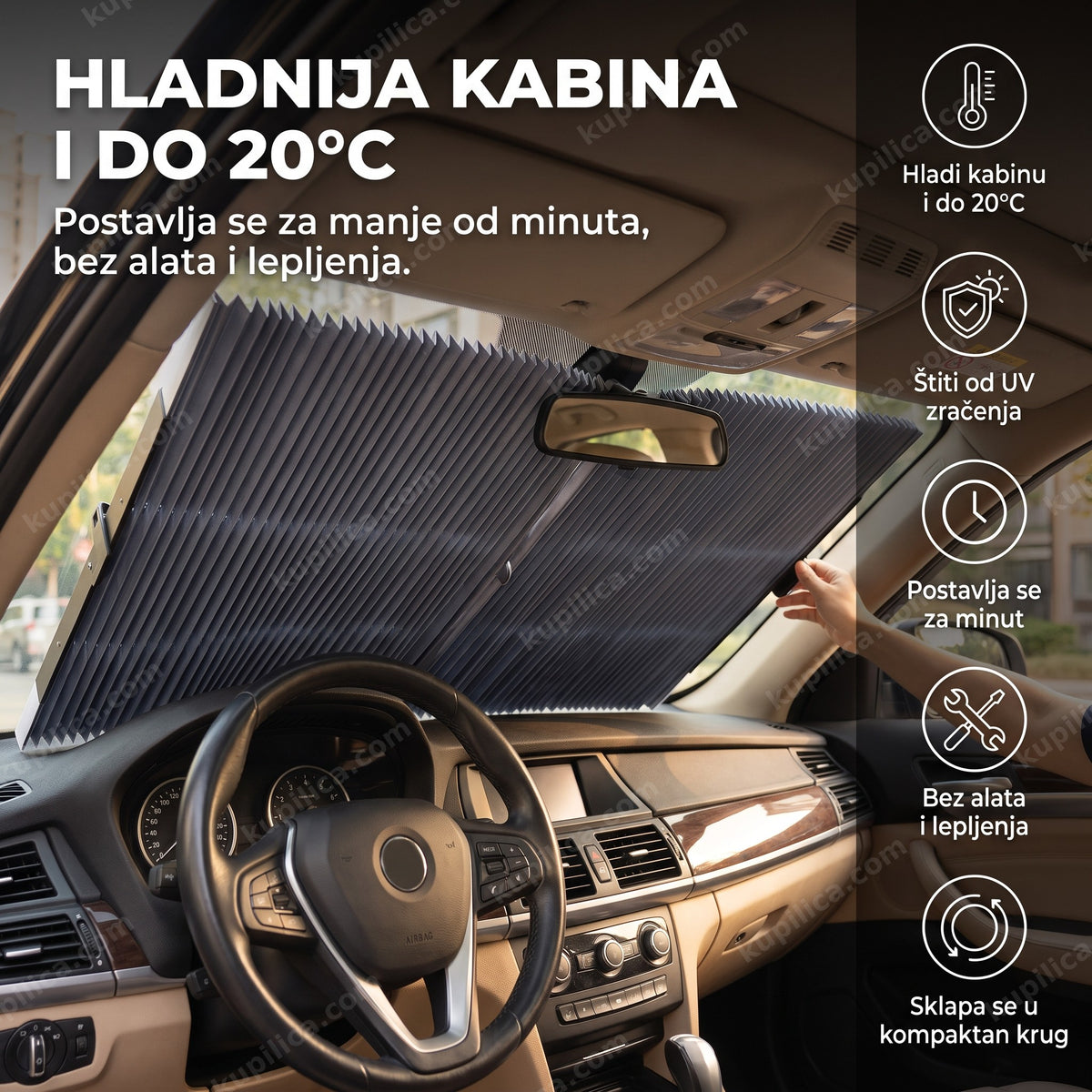 štitnik od sunca postavljen na vetrobransko staklo u autu, hladi kabinu, benefiti proizvoda