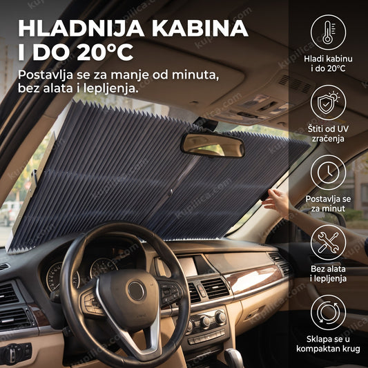 štitnik od sunca postavljen na vetrobransko staklo u autu, hladi kabinu, benefiti proizvoda