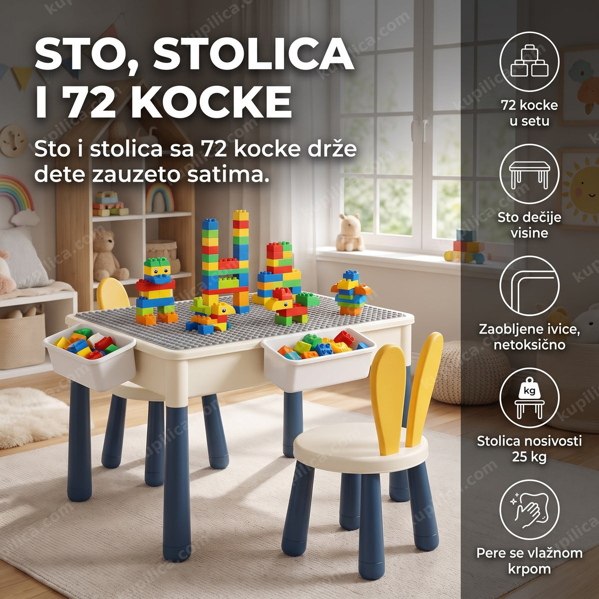 Sto i stolica sa kockama u dečjoj sobi sa sagrađenim kulama, benefiti proizvoda