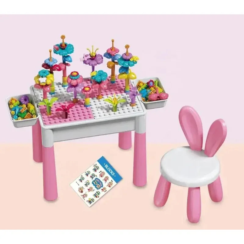 roze sto i stolica sa kockama 89 delova sa cvetnom konstrukcijom od kockica