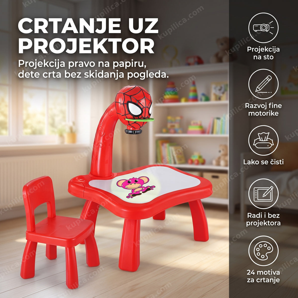 Sto za crtanje sa projektorom u dečjoj sobi, prikazani benefiti proizvoda
